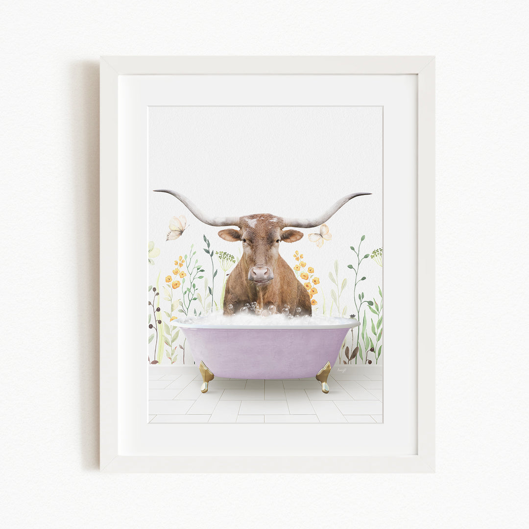 A brown cow with large horns is sitting in a purple bathtub filled with water, surrounded by flowers and butterflies.