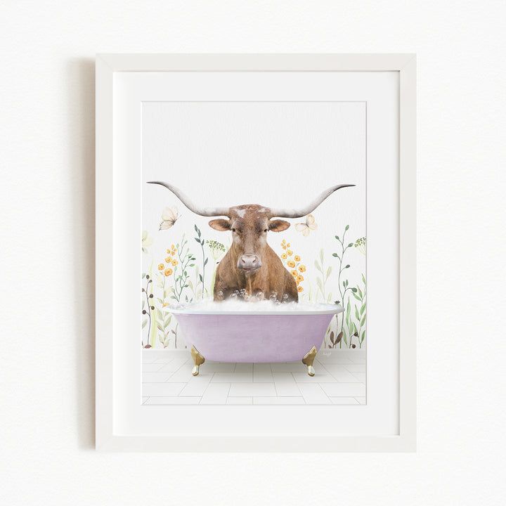 A brown cow with large horns is sitting in a purple bathtub filled with water, surrounded by flowers and butterflies.
