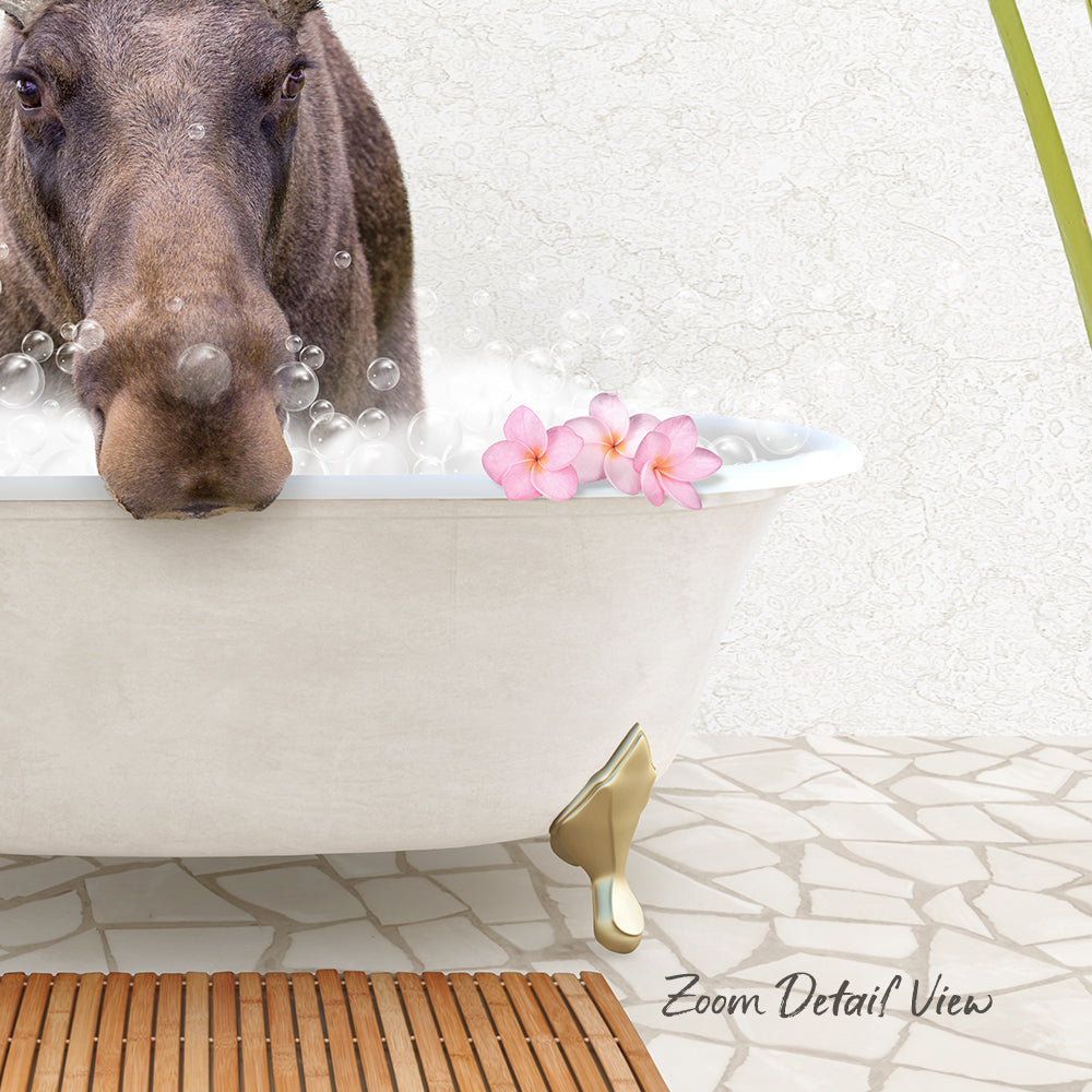 A brown dog is sitting in a white bathtub filled with bubbles, surrounded by pink flowers.