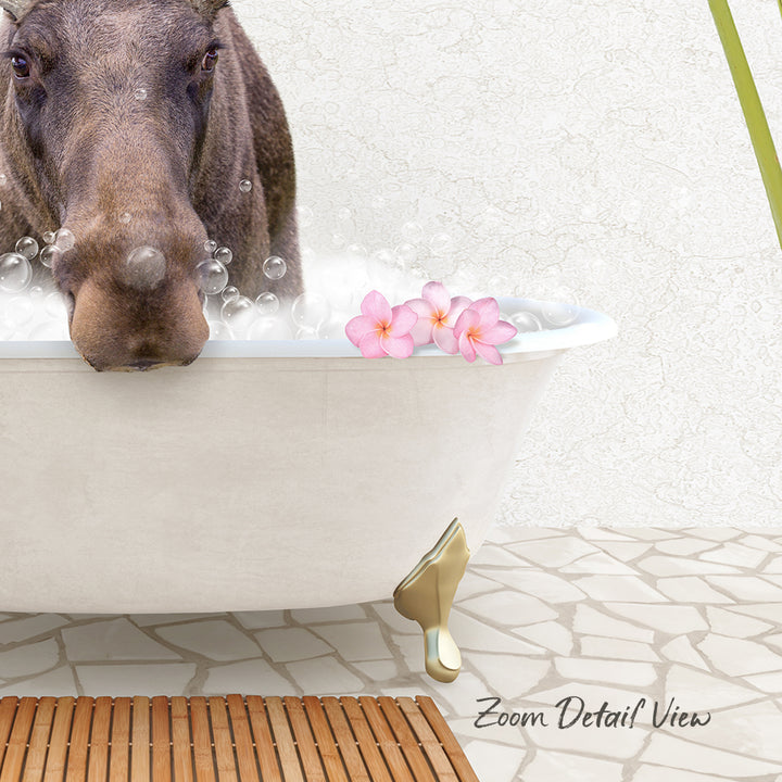 A brown dog is sitting in a white bathtub filled with bubbles, surrounded by pink flowers.