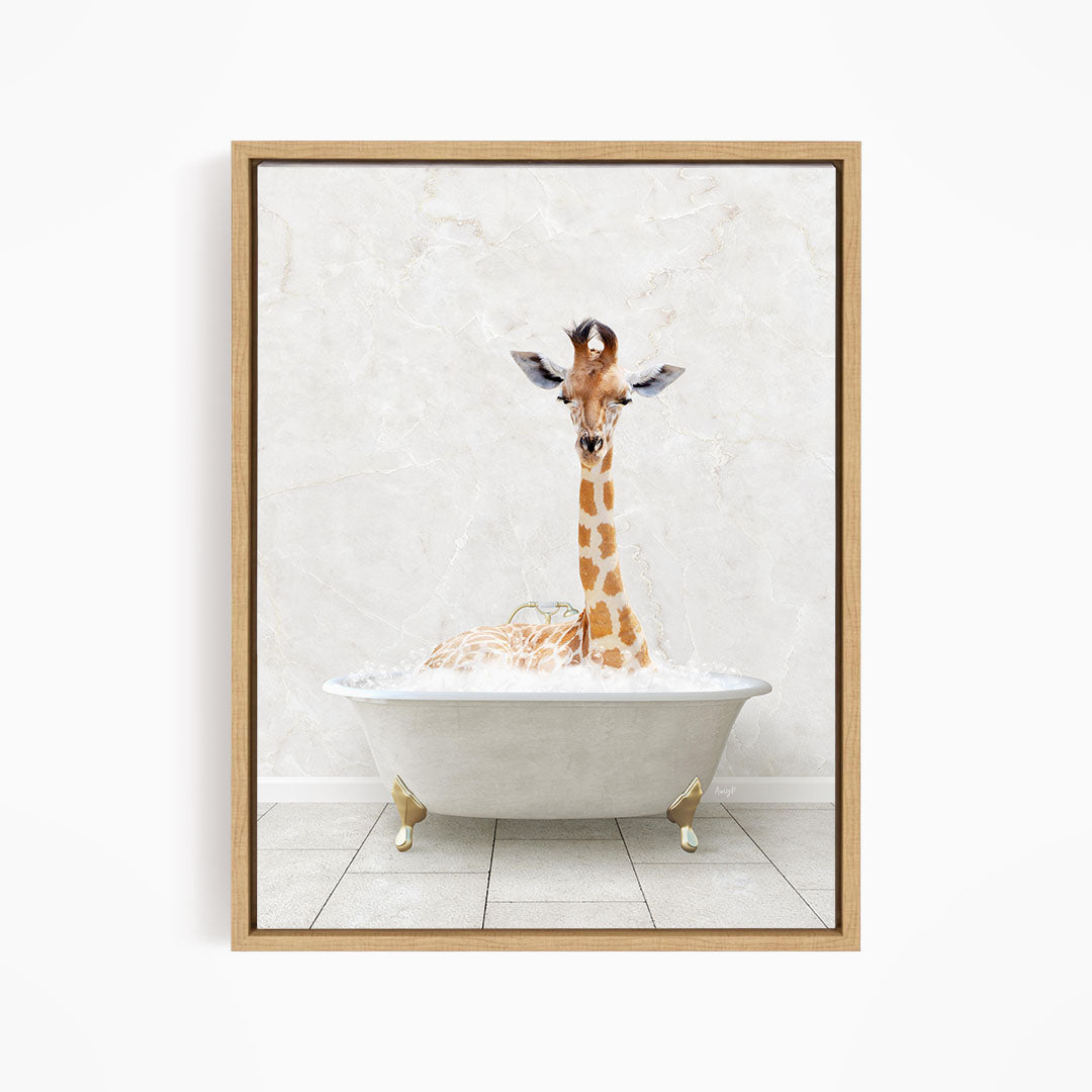 A giraffe is sitting in a white bathtub filled with bubbles, creating a whimsical and playful scene.
