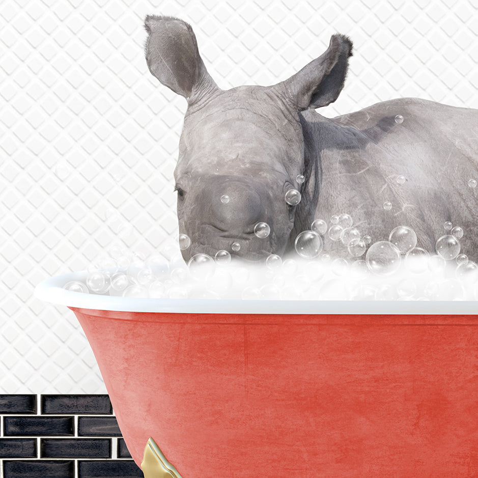 a rhino is taking a bath in a bathtub