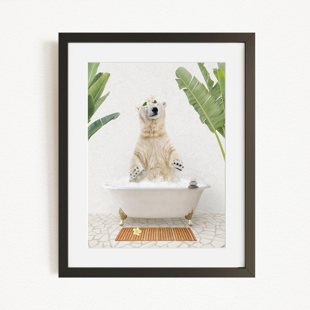 A polar bear is sitting in a bathtub filled with water, surrounded by tropical plants.