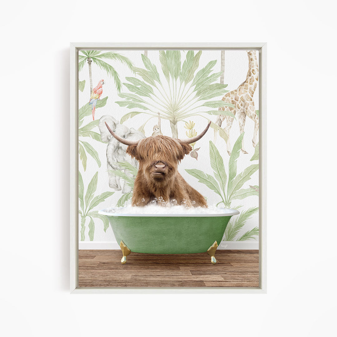 A brown cow with horns is sitting in a green bathtub, surrounded by tropical plants and animals, including a giraffe and a parrot.