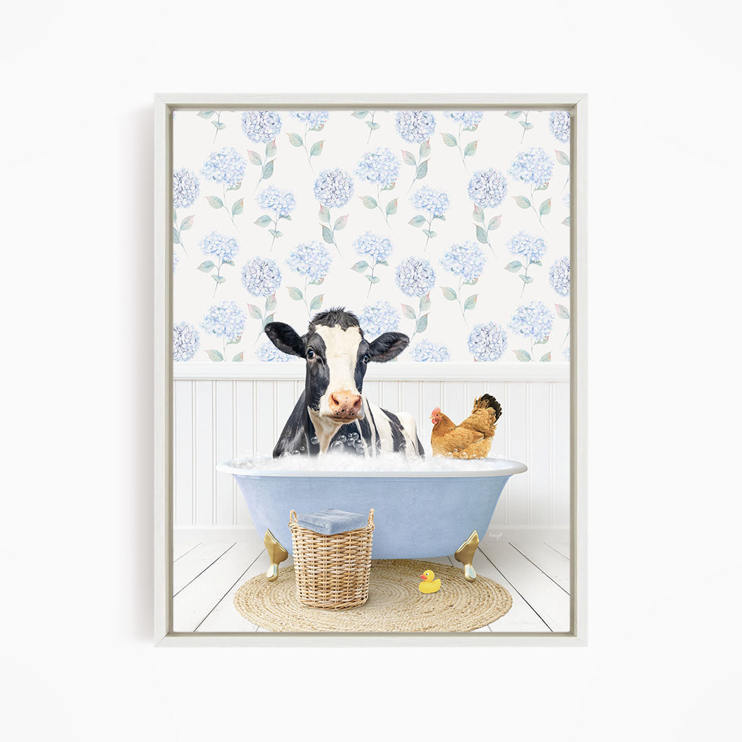 A cow is sitting in a bathtub filled with water, surrounded by a chicken and a duck, with a floral patterned wall behind them.