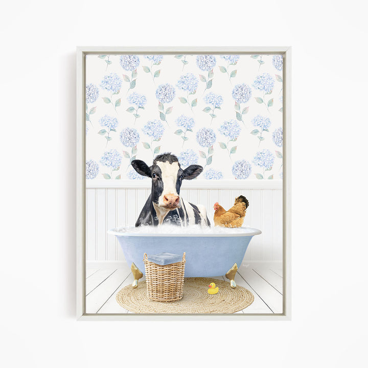A cow is sitting in a bathtub filled with water, surrounded by a chicken and a duck, with a floral patterned wall behind them.