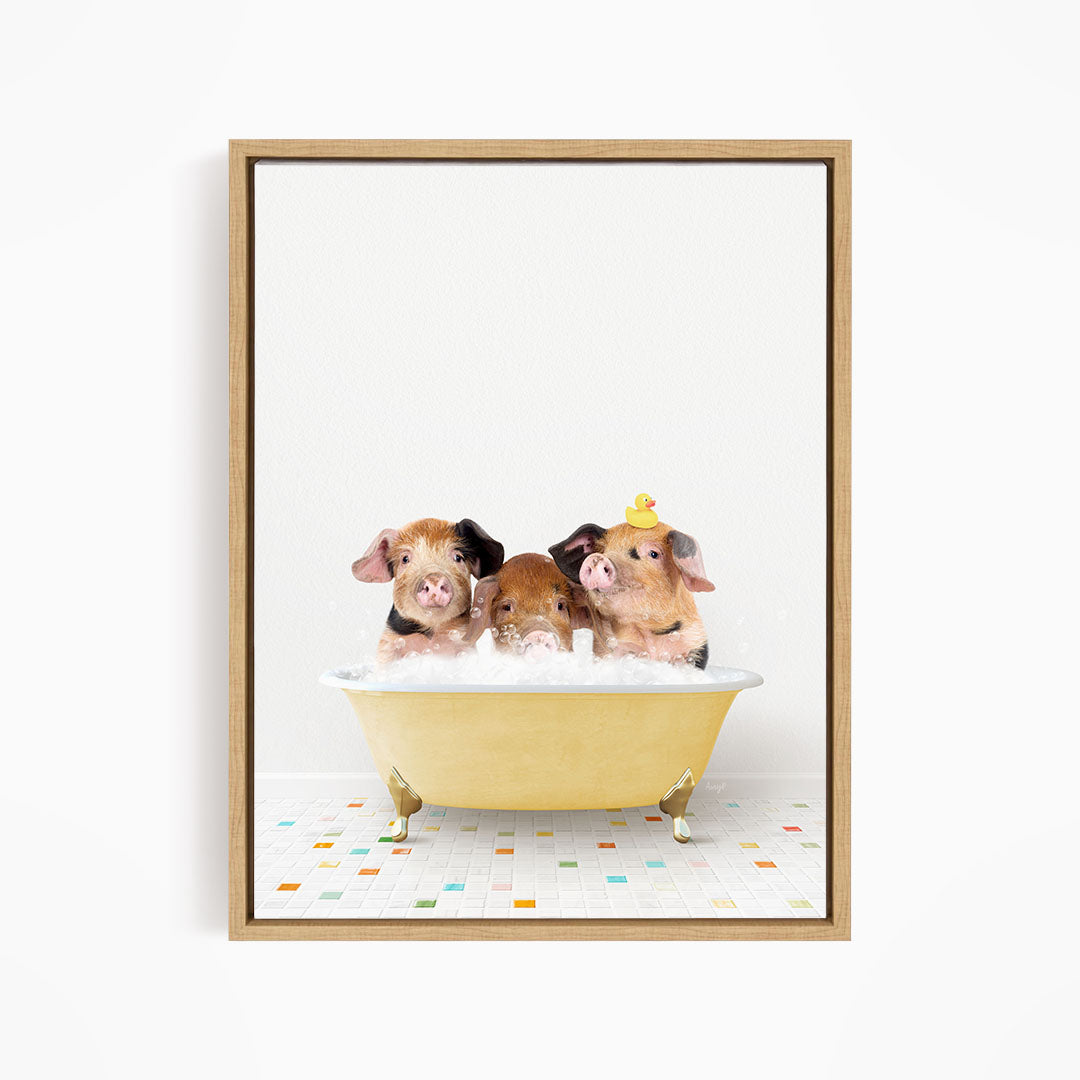 Three adorable pigs sitting in a yellow bathtub filled with bubbles, with one pig wearing a yellow rubber duck hat.