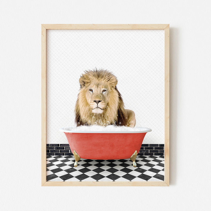 a picture of a lion sitting in a bathtub