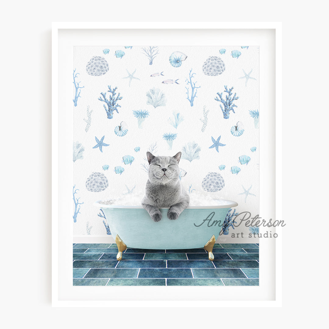 a cat sitting in a bathtub with a wallpaper behind it