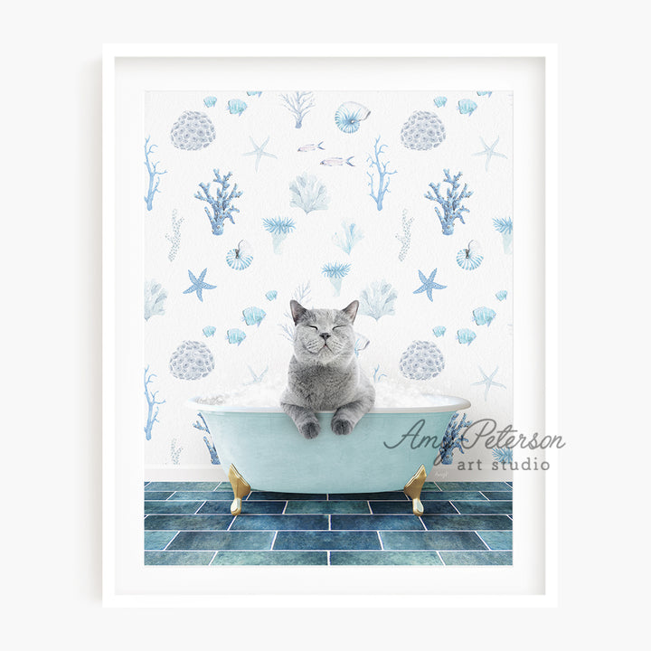 a cat sitting in a bathtub with a wallpaper behind it