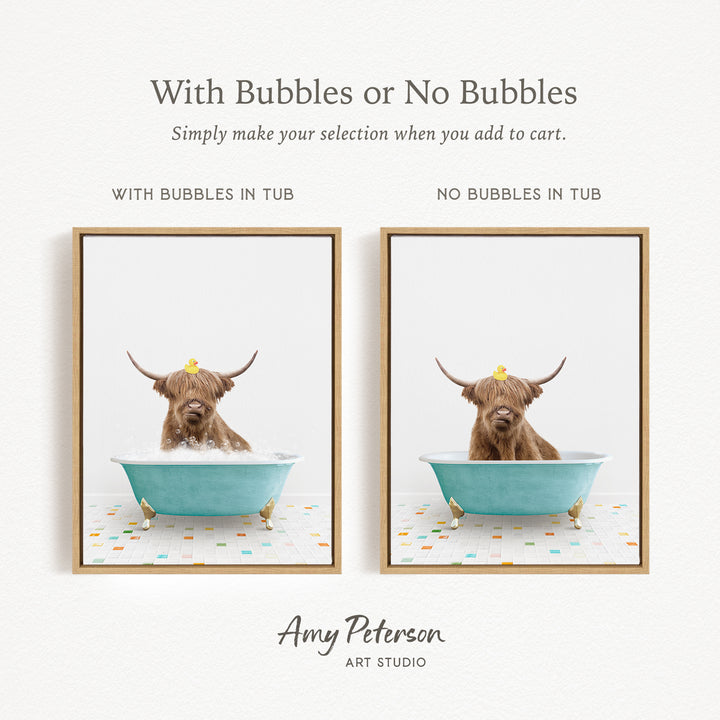 The image is a collage of two framed pictures, each featuring a brown cow with horns sitting in a blue tub. The cow in the tub has a yellow rubber duck on its head, and the other cow in the tub does not have a rubber duck. The text above the images reads "With Bubbles or No Bubbles Simply make your selection when you add to cart."