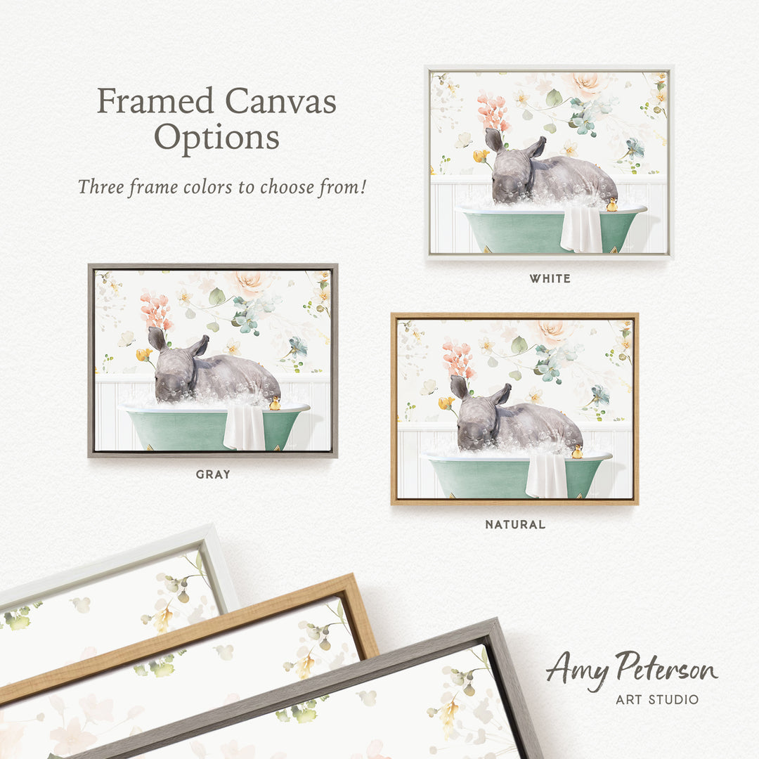 three framed canvas options featuring a gray rhino sitting in a green bathtub, with different frame colors available.