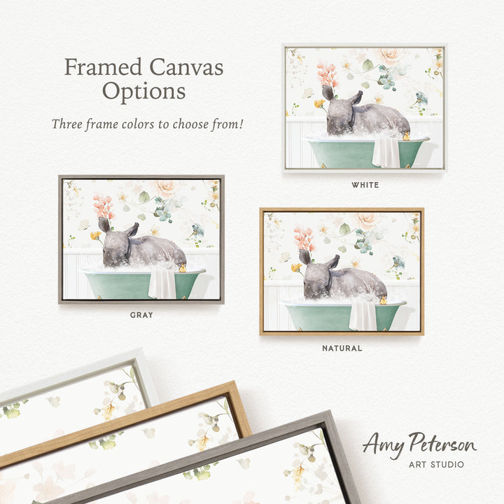 three framed canvas options featuring a gray rhino sitting in a green bathtub, with different frame colors available.