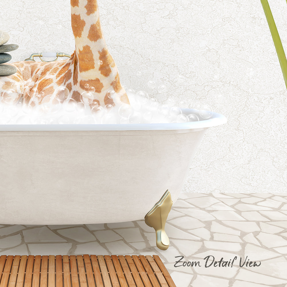 A giraffe standing in a bathtub filled with bubbles, with a wooden mat on the floor.
