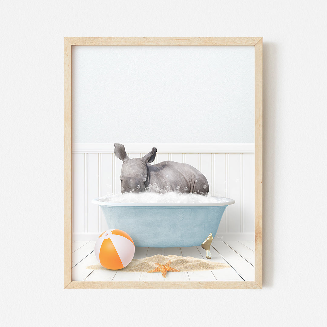 a picture of a rhinoceros taking a bath in a bathtub