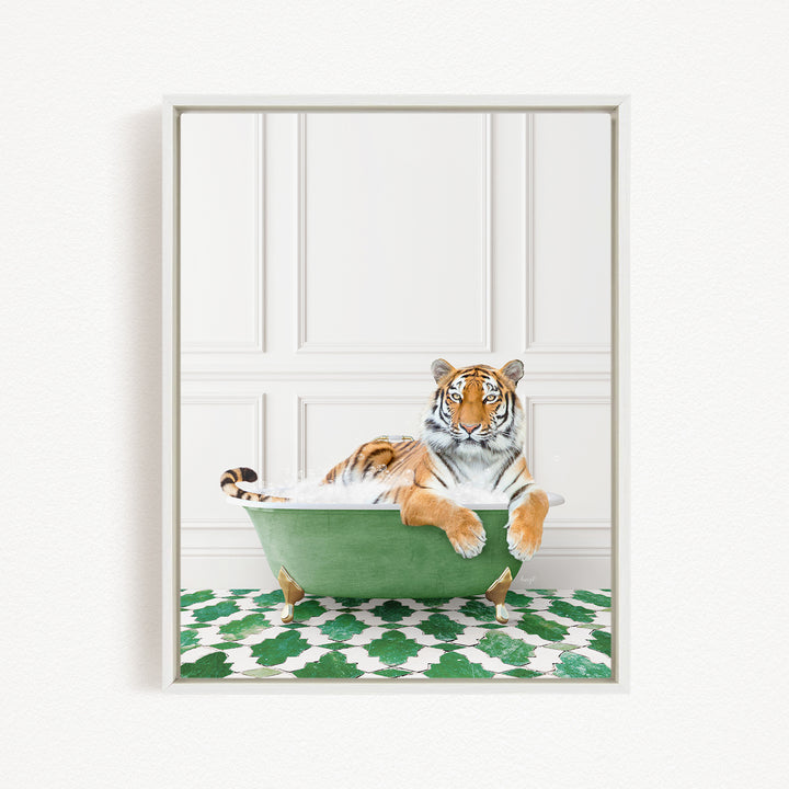 A tiger is sitting in a green bathtub filled with water, surrounded by a green and white patterned floor.