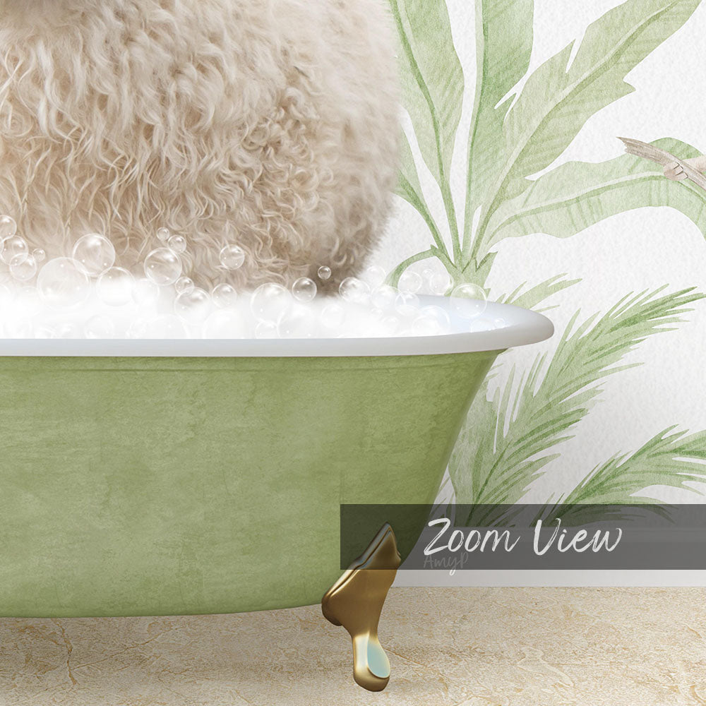 A fluffy white dog is sitting in a green bathtub filled with bubbles, with a green plant leaf patterned wall behind it.