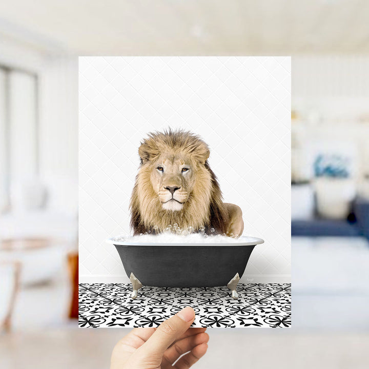 A lion sitting in a bathtub filled with water, surrounded by a black and white patterned floor.