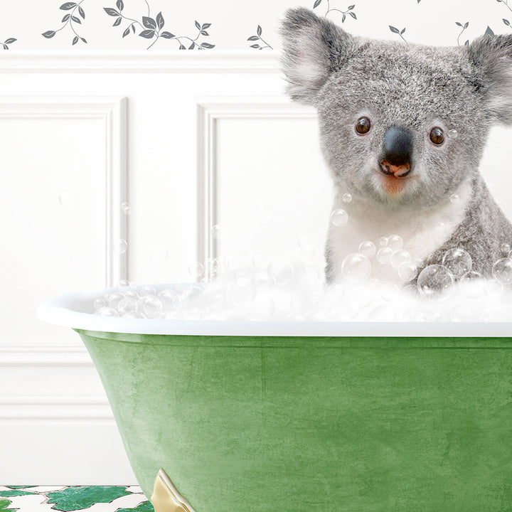 a koala is sitting in a bathtub full of bubbles