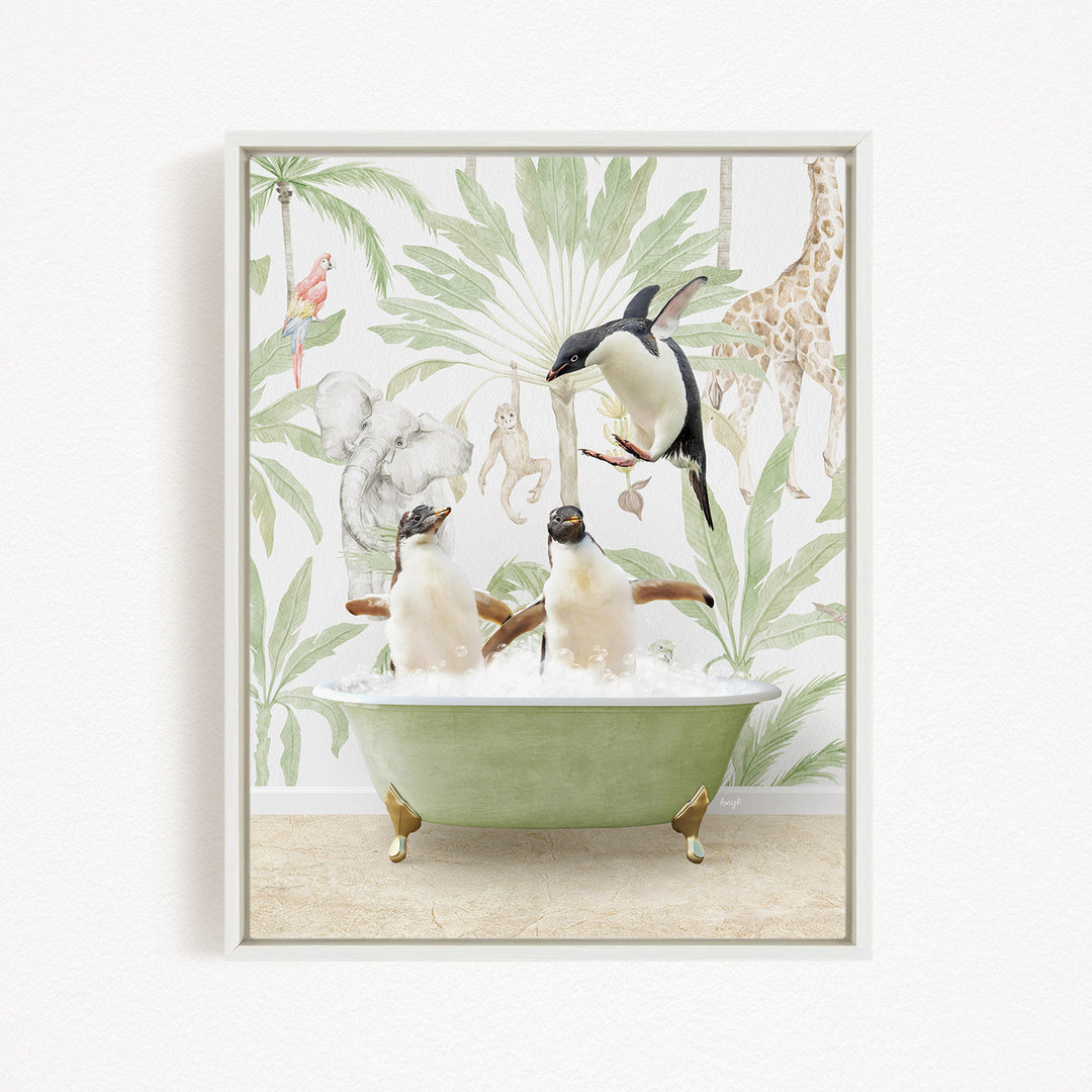 A framed image depicting two penguins sitting in a bathtub, surrounded by various animals such as a giraffe, elephant, and parrot, all against a tropical wallpaper background.
