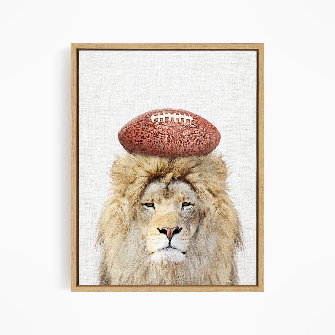 A lion with a football on its head, looking directly at the camera.