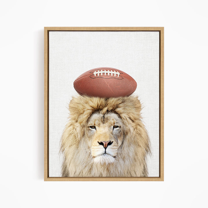 A lion with a football on its head, looking directly at the camera.