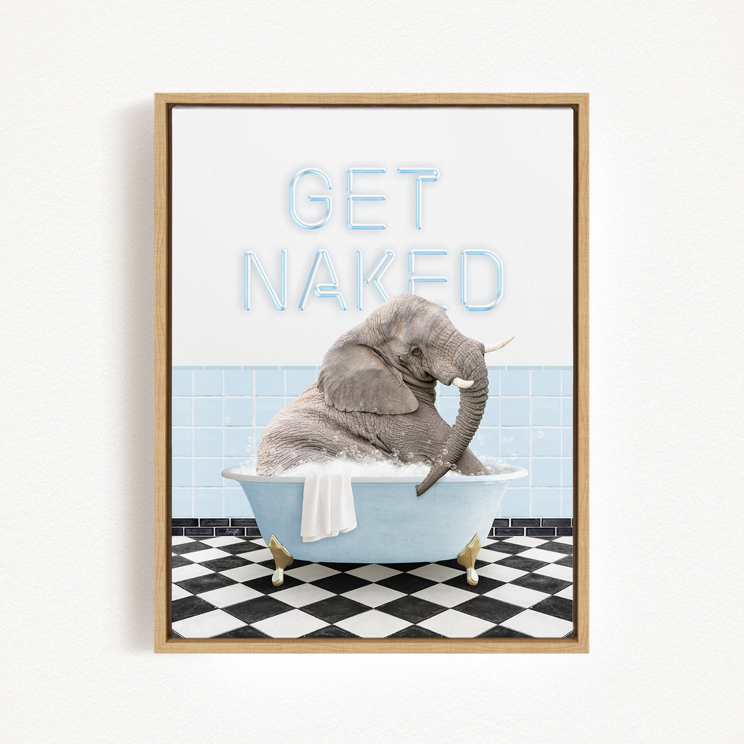 A framed image depicting an elephant sitting in a bathtub with the text "GET NAKED" displayed above it.