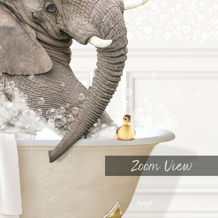 An elephant is taking a bath in a tub, with a small yellow duck sitting on the edge of the tub.