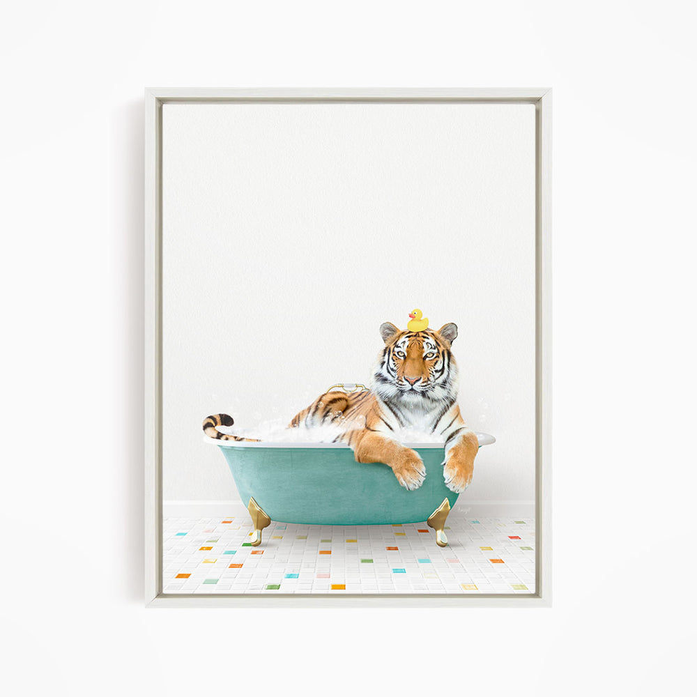 A tiger is sitting in a green bathtub, wearing a yellow crown, and looking directly at the camera.