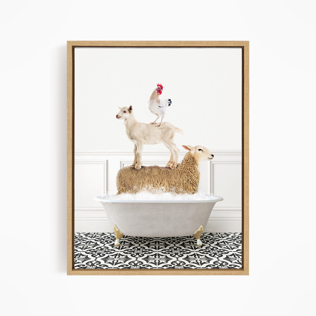 A framed image depicting a sheep standing on a tub filled with water, with a chicken perched on top of the sheep and a lamb standing on the tub's edge.