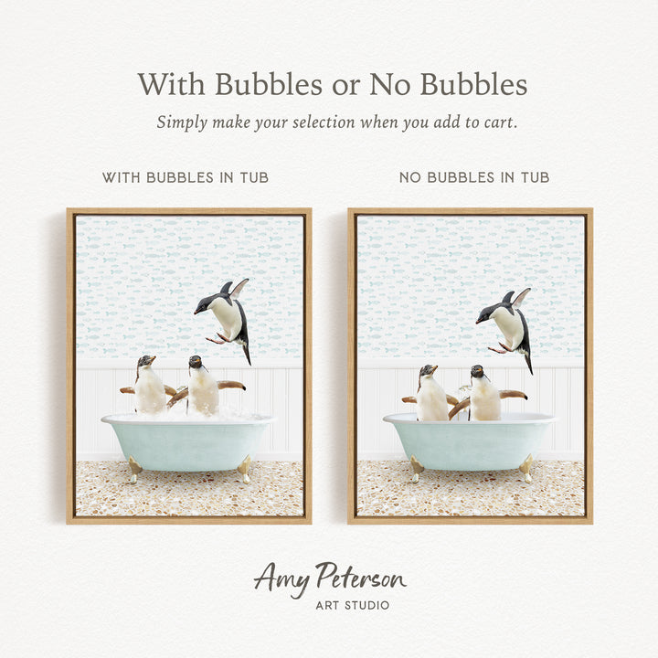 The image is a collage of two pictures, each depicting a penguin in a bathtub. The penguins are shown in different states of being in the tub, with one penguin floating and another penguin standing. The collage does not contain any text, and the penguins are the main focus of the images.