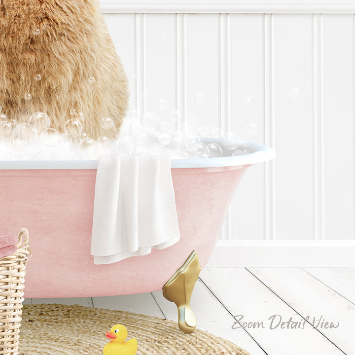A pink bathtub filled with bubbles, with a towel and a rubber duck nearby.
