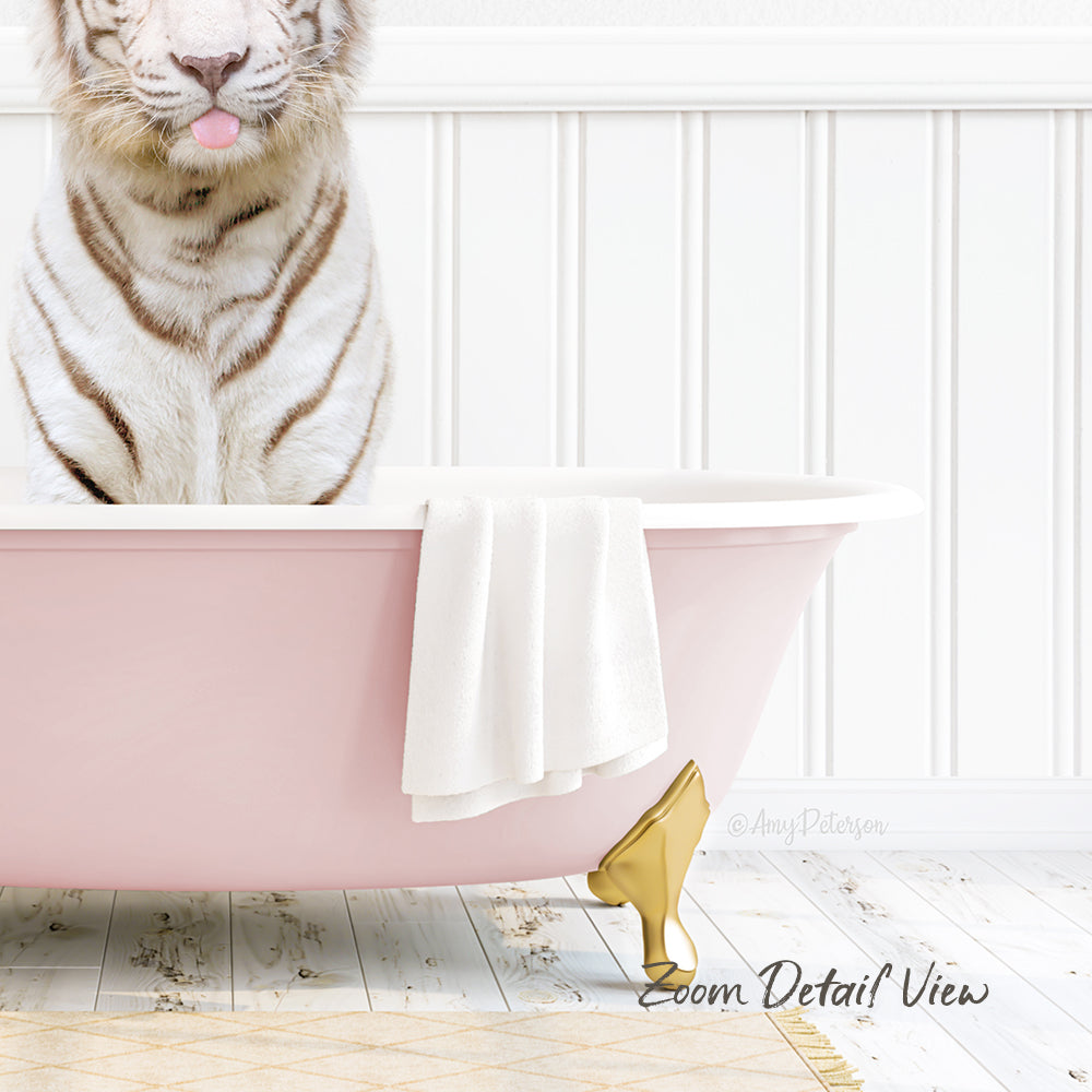 A white tiger sitting in a pink bathtub, with a white towel and gold bathtub leg visible.