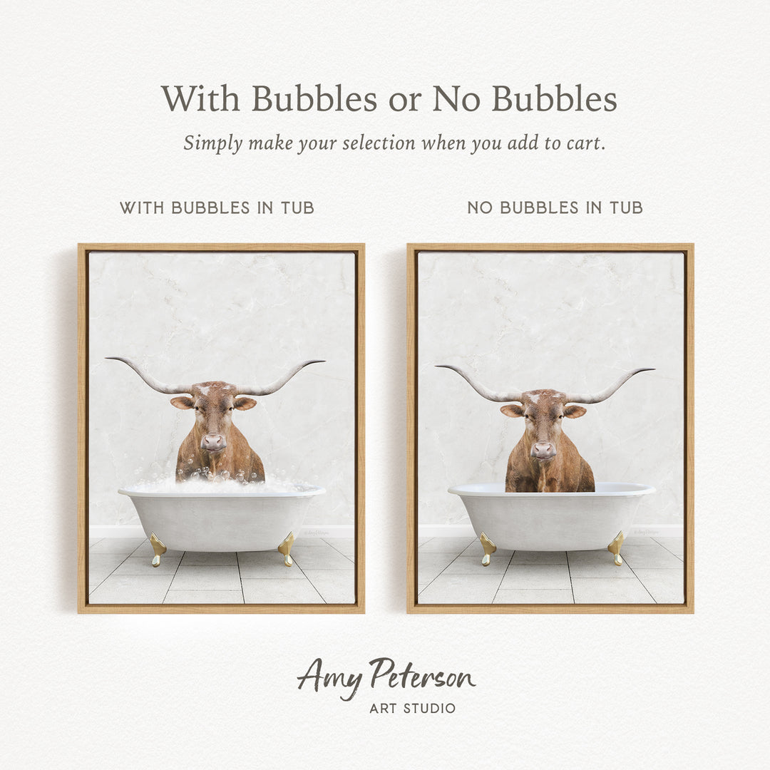 The image is a collage of two framed pictures, each depicting a bull with horns in a bathtub. The bull in the tub has bubbles, while the bull in the tub without bubbles is depicted in a plain white bathtub.