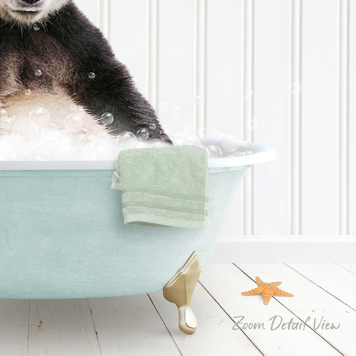 A bear is sitting in a bathtub filled with bubbles, with a towel and starfish nearby.