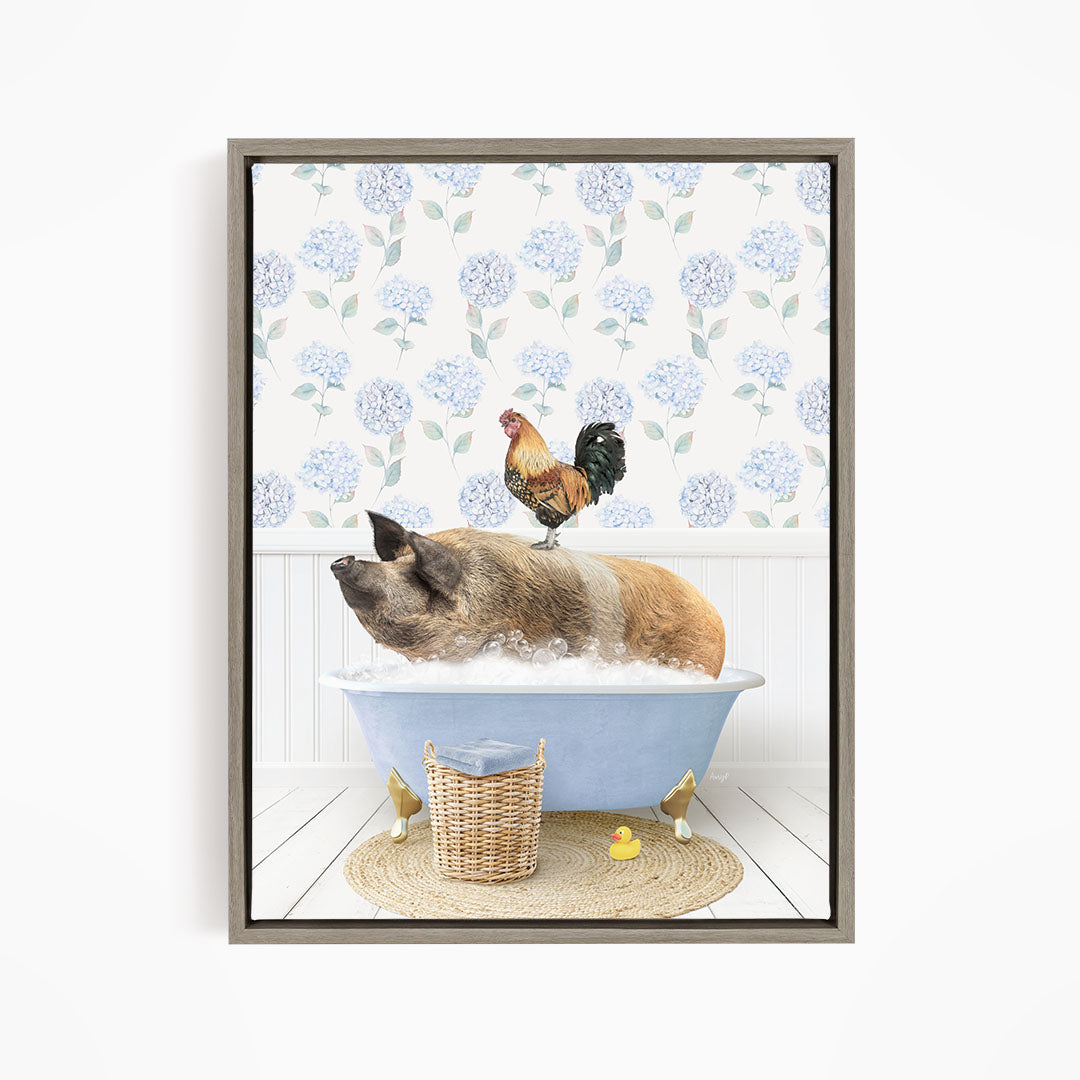 A pig sitting in a bathtub, with a rooster perched on its back, and a basket of rubber ducks nearby.