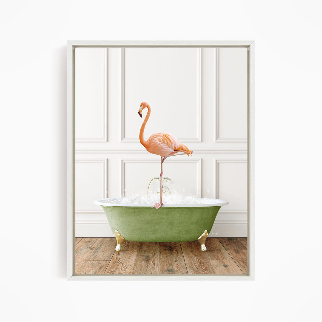 A pink flamingo standing on a green bathtub filled with water, against a white wall with paneling.
