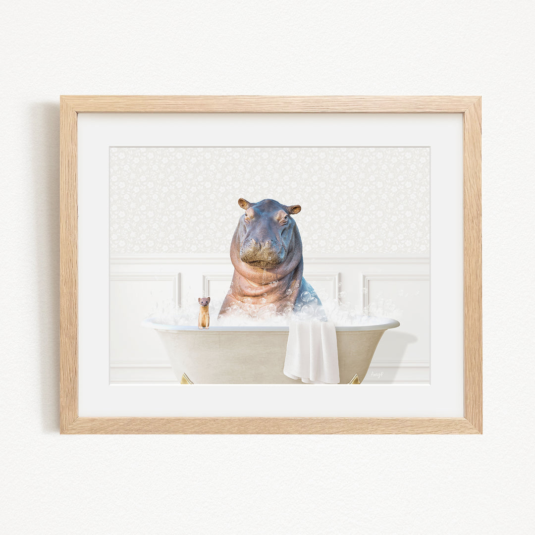 A hippopotamus sitting in a bathtub filled with water, surrounded by bubbles.