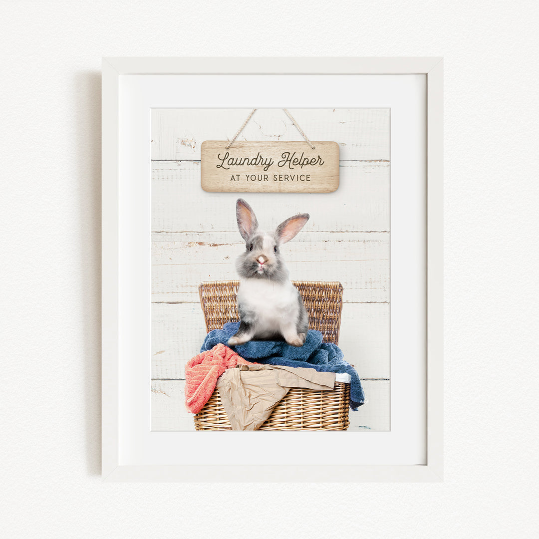 A white rabbit sitting in a wicker basket filled with clothes, with a sign above that reads "Laundry Helper at your service".