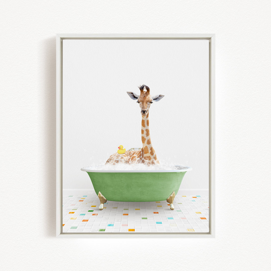 A giraffe sitting in a green bathtub filled with bubbles, surrounded by a colorful tiled floor.