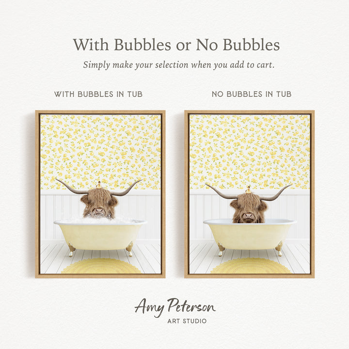 The image is a framed print featuring a cartoon image of a horned animal, likely a yak or a bull, sitting in a bathtub. The print has a text overlay that provides instructions on how to choose the tub with bubbles or without bubbles, suggesting that the viewer can customize the selection when adding to their cart.