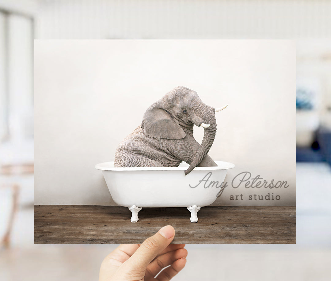 a person holding up a picture of an elephant in a bathtub