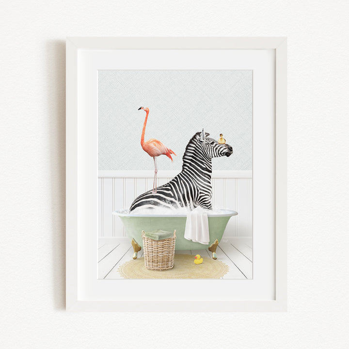 A zebra is sitting in a green bathtub, surrounded by a pink flamingo and a yellow rubber duck, creating a whimsical and playful scene.