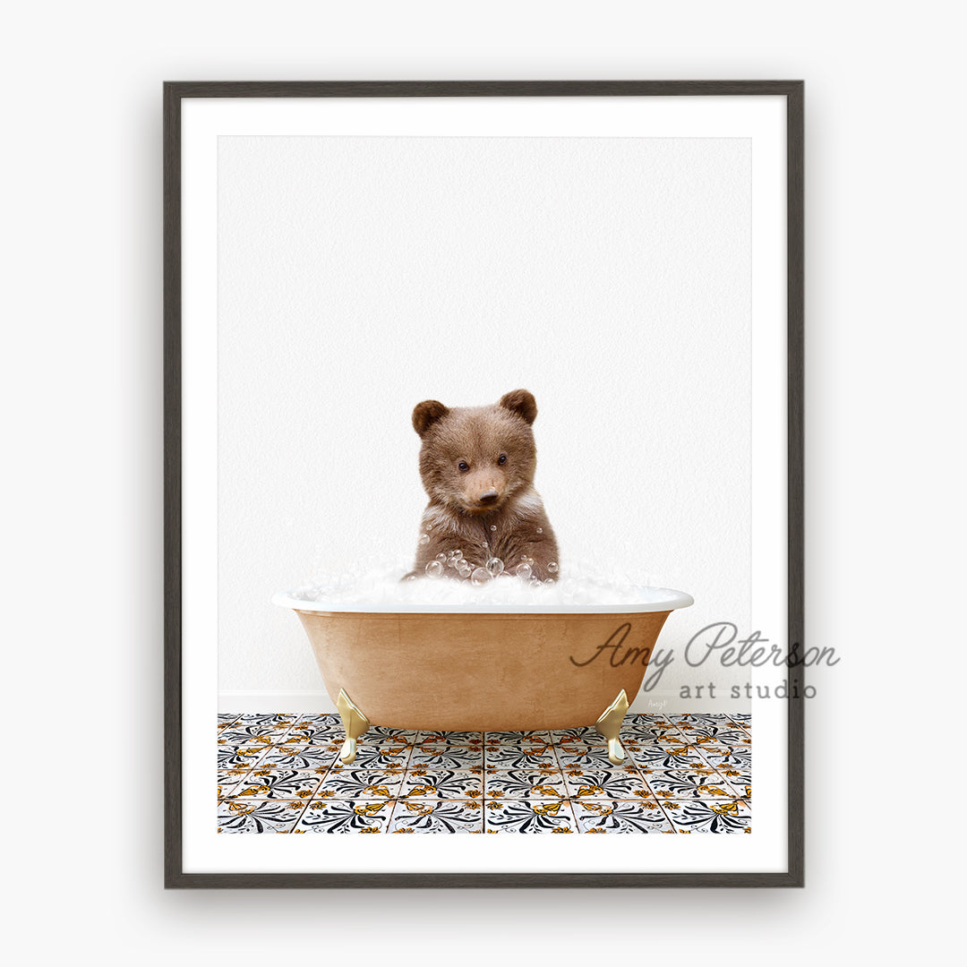 a brown teddy bear sitting in a bath tub