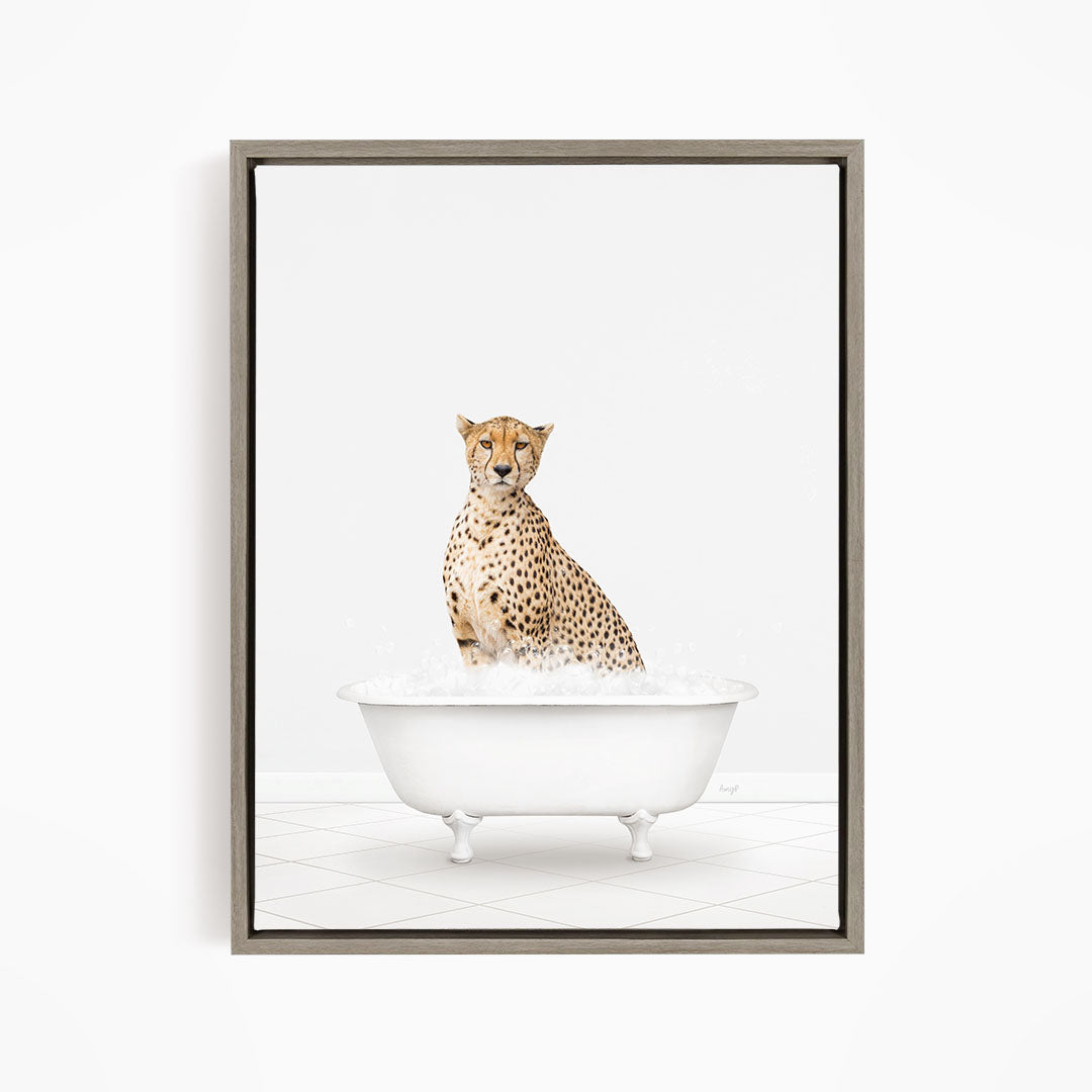 A cheetah sitting in a white bathtub filled with water.