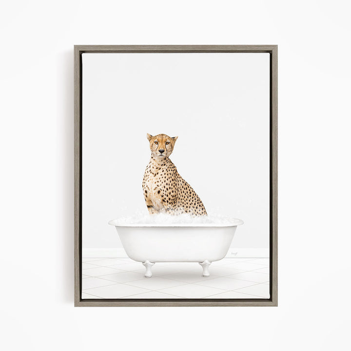 A cheetah sitting in a white bathtub filled with water.