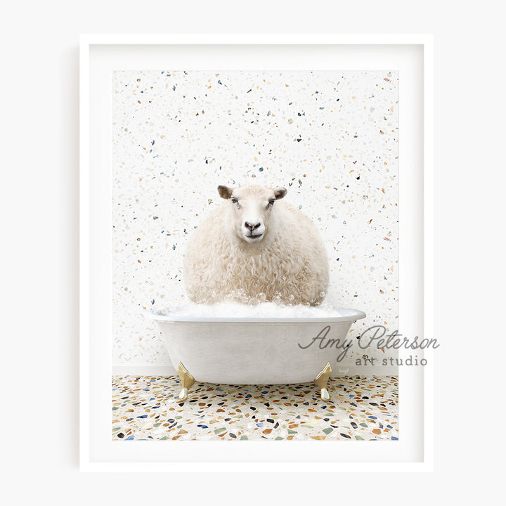 a sheep sitting in a bathtub with a white background