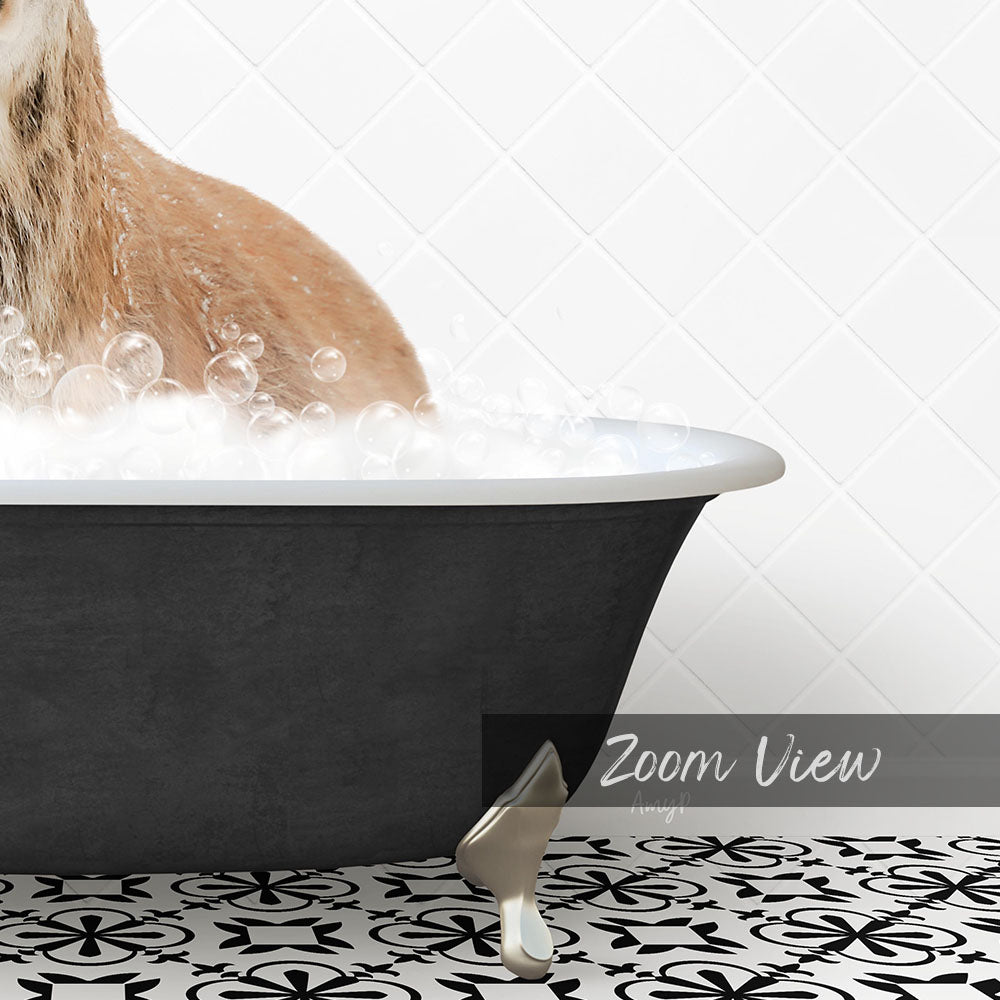 A cat sitting in a bathtub filled with bubbles, with a text overlay that reads "Zoom View"
