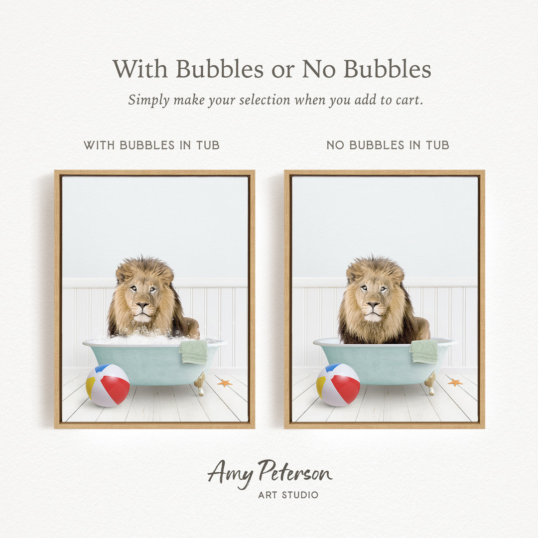 The image is a collage of two pictures featuring a lion sitting in a bathtub, with one picture having bubbles and the other not. The text above the images reads "With Bubbles or No Bubbles Simply make your selection when you add to cart."