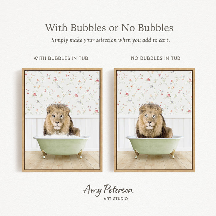The image is a collage of two pictures featuring a lion sitting in a bathtub. The lion is depicted in both a tub with bubbles and a tub without bubbles, allowing viewers to choose which version they prefer.